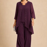 Beaded Three-Piece Chiffon Pant Suit with Draped Jacket