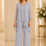 Beaded Three-Piece Chiffon Pant Suit with Draped Jacket