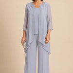 Beaded Three-Piece Chiffon Pant Suit with Draped Jacket