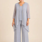 Beaded Three-Piece Chiffon Pant Suit with Draped Jacket