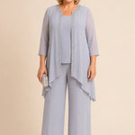 Beaded Three-Piece Chiffon Pant Suit with Draped Jacket
