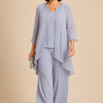 Beaded Three-Piece Chiffon Pant Suit with Draped Jacket