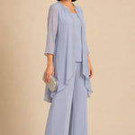 Beaded Three-Piece Chiffon Pant Suit with Draped Jacket