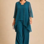 Beaded Three-Piece Chiffon Pant Suit with Draped Jacket