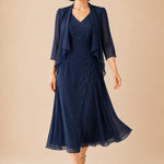 V Neck Chiffon Midi Dress with Lace Detail