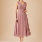 V Neck Chiffon Midi Dress with Lace Detail