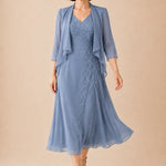 V Neck Chiffon Midi Dress with Lace Detail