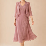 V Neck Chiffon Midi Dress with Lace Detail