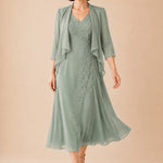 V Neck Chiffon Midi Dress with Lace Detail