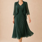 V Neck Chiffon Midi Dress with Lace Detail