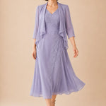 V Neck Chiffon Midi Dress with Lace Detail