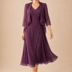 V Neck Chiffon Midi Dress with Lace Detail