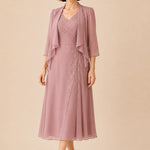 V Neck Chiffon Midi Dress with Lace Detail