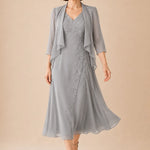 V Neck Chiffon Midi Dress with Lace Detail