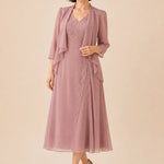 V Neck Chiffon Midi Dress with Lace Detail