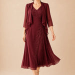 V Neck Chiffon Midi Dress with Lace Detail