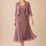 V Neck Chiffon Midi Dress with Lace Detail