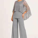 Lace Cape Mother of the Bride Pant Suit with Wide Legs