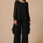 Ruffled Chiffon Capelet Pant Suit with Wide-Leg Pants