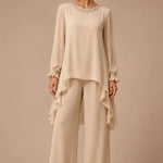 Ruffled Chiffon Capelet Pant Suit with Wide-Leg Pants
