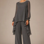 Ruffled Chiffon Capelet Pant Suit with Wide-Leg Pants