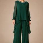 Ruffled Chiffon Capelet Pant Suit with Wide-Leg Pants