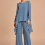 Ruffled Chiffon Capelet Pant Suit with Wide-Leg Pants