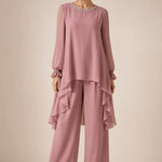 Ruffled Chiffon Capelet Pant Suit with Wide-Leg Pants