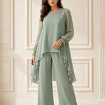 Ruffled Chiffon Capelet Pant Suit with Wide-Leg Pants
