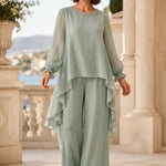 Ruffled Chiffon Capelet Pant Suit with Wide-Leg Pants