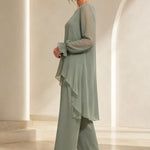 Ruffled Chiffon Capelet Pant Suit with Wide-Leg Pants