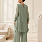 Ruffled Chiffon Capelet Pant Suit with Wide-Leg Pants