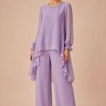 Ruffled Chiffon Capelet Pant Suit with Wide-Leg Pants