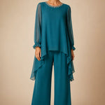 Ruffled Chiffon Capelet Pant Suit with Wide-Leg Pants