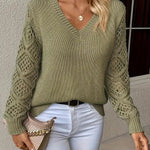 Amelia | Women's V-Neck Hollow-Sleeve Pullover Knit Sweater